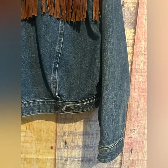 Womens Jean Denim Suede Fringe Western Cowgirl Rodeo Jacket Large Rock n Roll - Picture 13 of 16